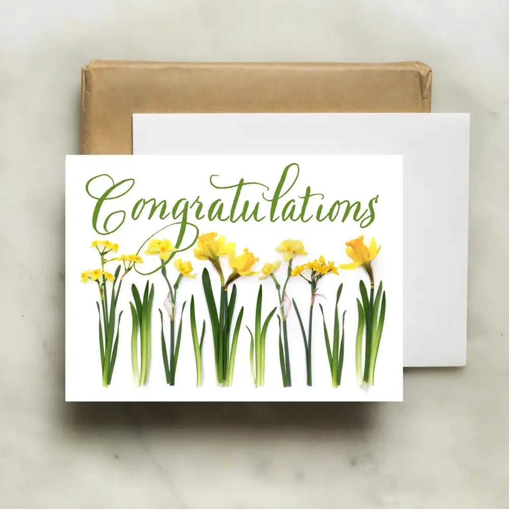 bottle branch botanical congratulations card - yellow daffodils