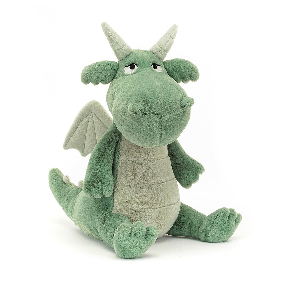 A plush friendly sage green dragon with horns and wings.