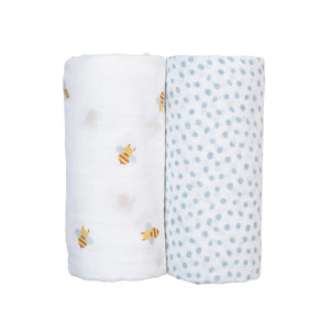 Lulujo 2pk Cotton Muslin Swaddles - Bees + Blue Dots