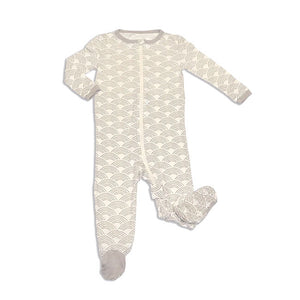 Infant zippered footie with wobby wave print in grey.