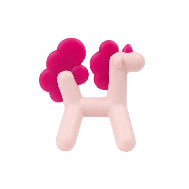 Boon Prance Silicone Teether. A unicorn shaped light pink teether with hot pink tail and mane and horn.